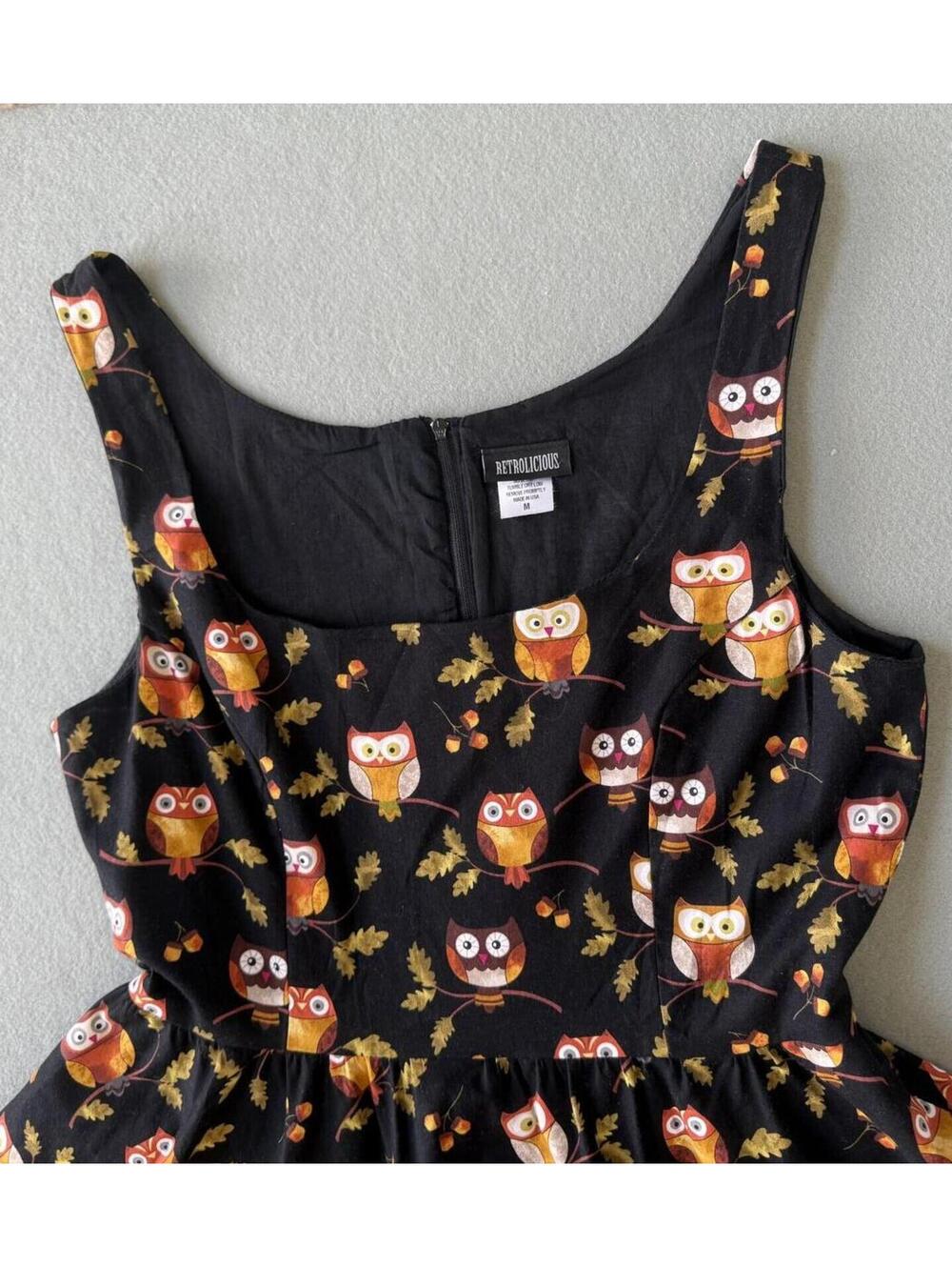 Retrolicious Owl Print Sleeveless Fit & Flare Dress Size M Black Cotton Pockets - Picture 6 of 15